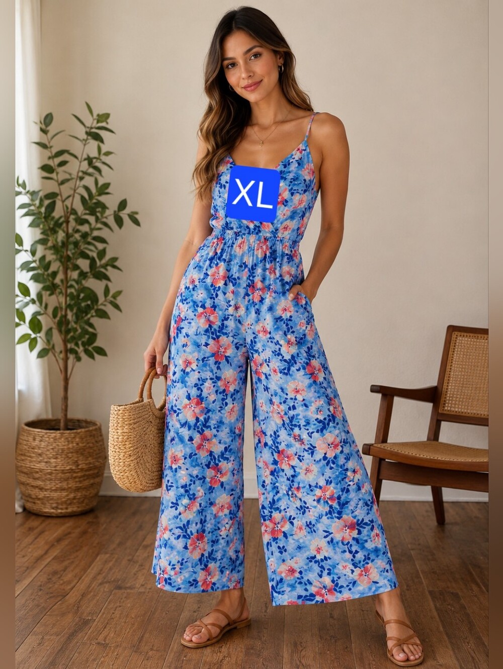 Floral Wide-Leg Jumpsuit in Blue - Sleeveless Summer Romper